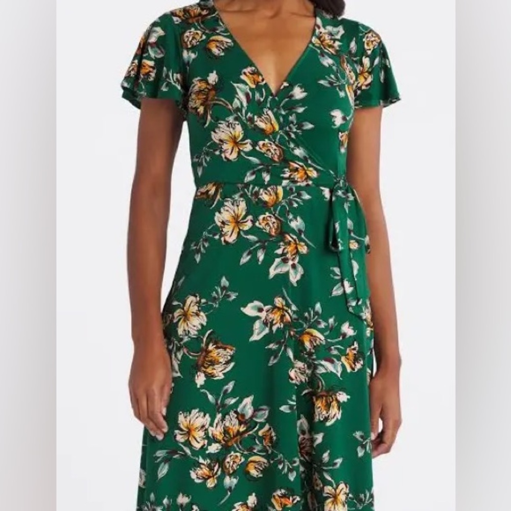 Dark green wrap dress- beautiful soft color! Perfect with heels or not.